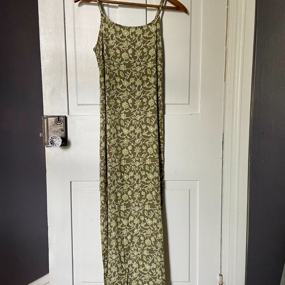 Vintage Cottage Core Maxi Floral Green Fairy Old Navy Dress Zip and Clasp Slits